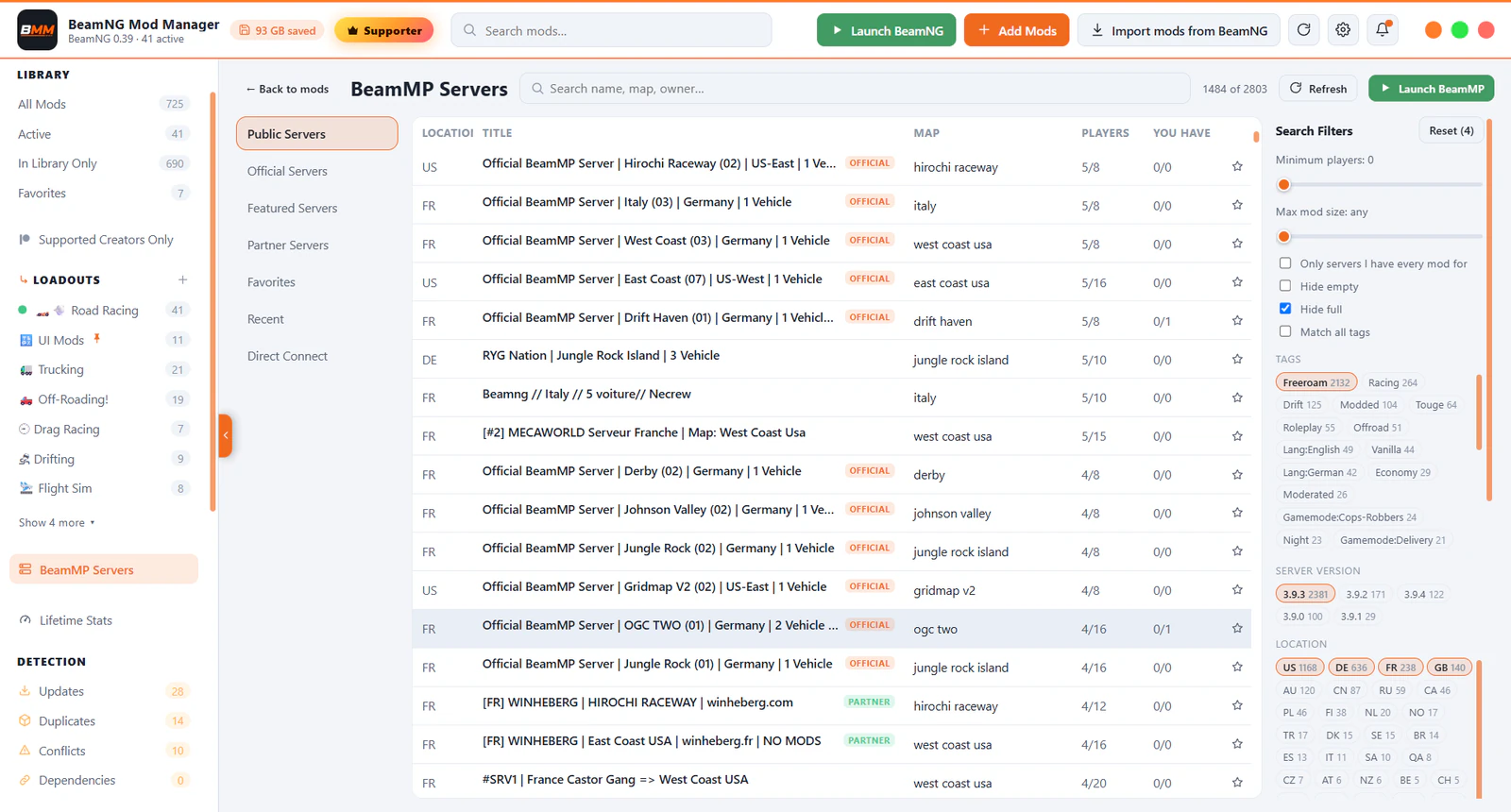 The BeamMP Servers page listing public servers, with filters and how many of each server's mods you already have