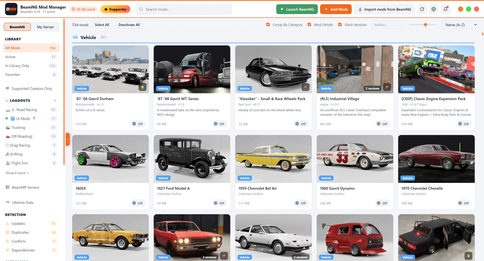 The BMM library view in the light theme, with mod cards grouped by category