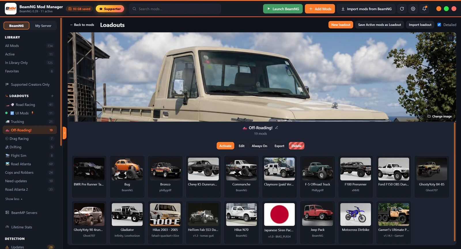 A load-out's page with its cover image and the mods it contains