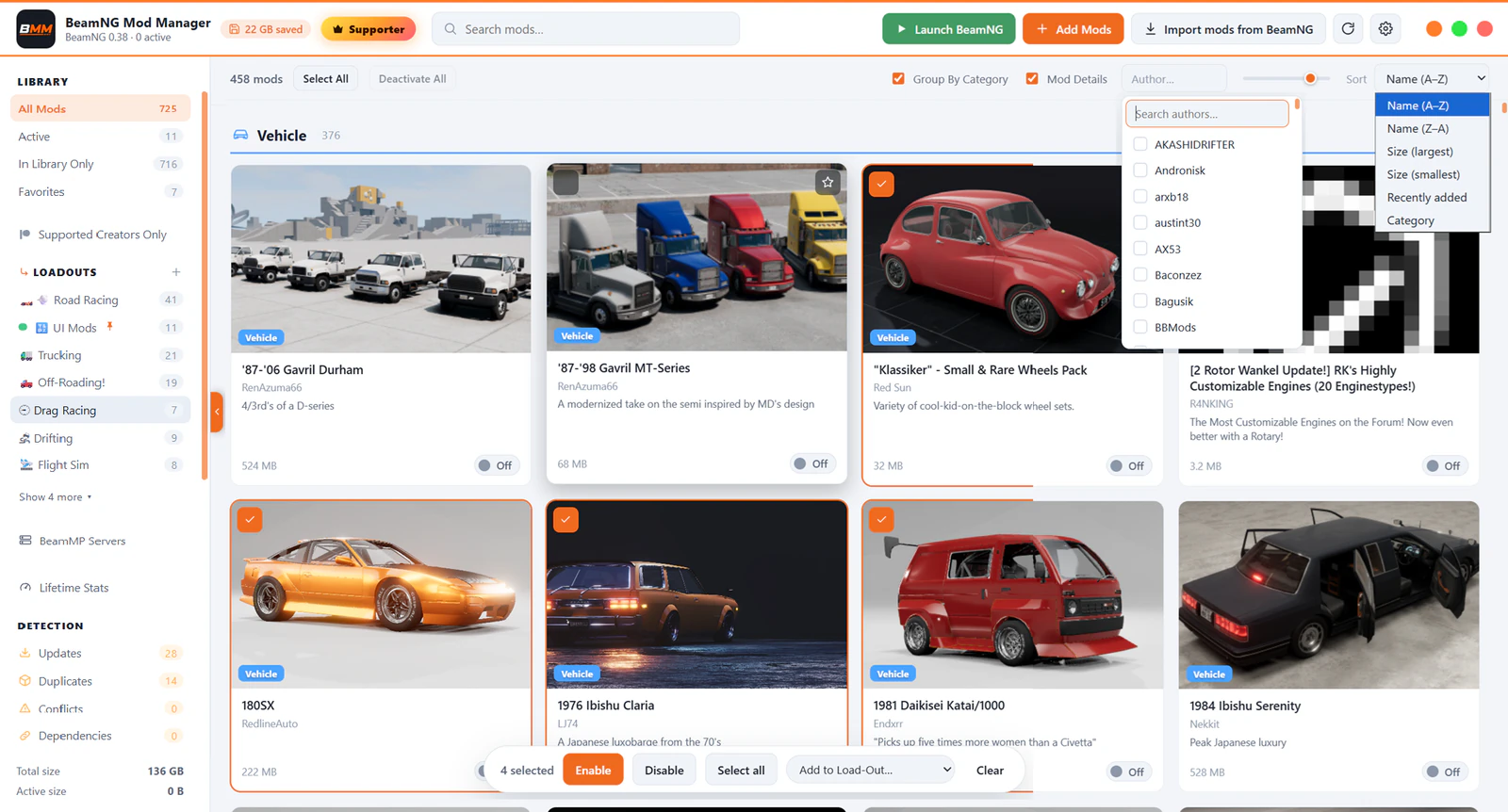 Search, author filter, sort options and bulk actions narrowing the library